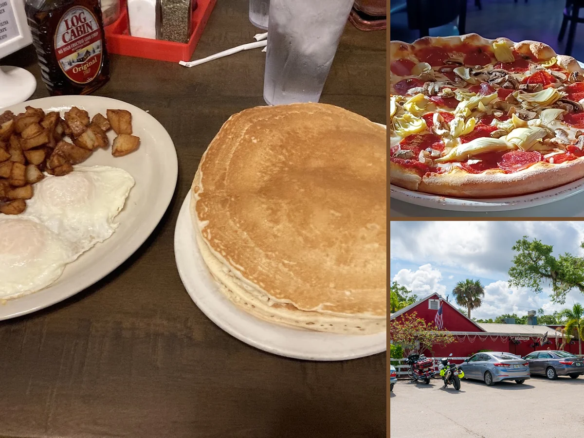 Hearty diner meals on plates beside coffee cups.